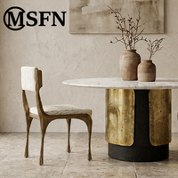 Chaise de salle à manger en aluminium, cadre irrégulier bronze antique, coussins jacquard à motif feuille, pieds effilés rétro, pour maison, villa, café, boutique