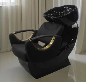 Fauteuil de lavage noir pour salon de coiffure avec bac en céramique et dossier réglable – Poste de lavage capillaire - Product Image 3