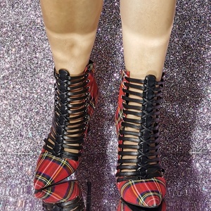Retro Red Plaid Women Front Cut Out Sandals Big Size 47 High Heels Shoes Summer Short Boots Big Feet Ankle <b>Booties</b> - Product Image 3