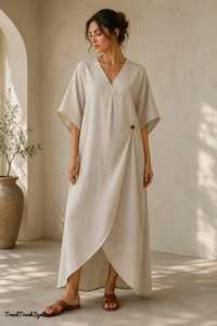 Robe caftan longue asymétrique beige en lin uni pour femme, col en V, détail boutons latéraux, style bohème modeste, idéale pour les vacances, export B2B - Product Image 1