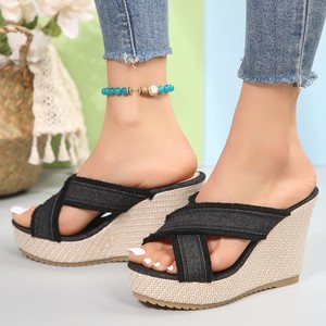 Summer New Round Head Cross Canvas <b>Slippers</b> Women's Fashion Foreign Trade Plus Size Denim Straw Roman Shoes - Product Image 3