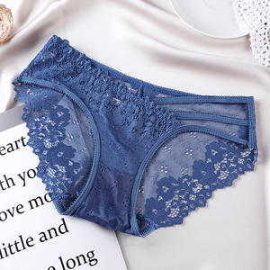 Culottes pour femmes en dentelle florale bleue, confortables, en maille transparente, taille mi-haute, avec entrejambe en coton, lingerie sexy pour femmes, vente en gros - Product Image 1