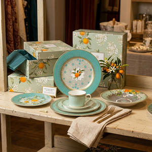 Vajilla de Porcelana Fina <span class=keywords><strong>Siciliana</strong></span> Naranja con Diseño Geométrico, Platos para Banquete de Cítricos, Venta al por Mayor - Product Image 5