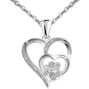 Collana da Donna con Ciondolo a Cuore e Zampa di Gatto, Design a Doppio Cuore, Catena Scintillante per Clavicola, Gioielli alla Moda - Product Image 1