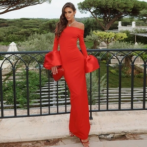 Elegante Abito Lungo con Spalle Scoperte e Maniche Lunghe, <span class=keywords><strong>Glamour</strong></span> Senza Tempo in Nero, Vestito Sexy da <span class=keywords><strong>Donna</strong></span> per l'Autunno - Product Image 2
