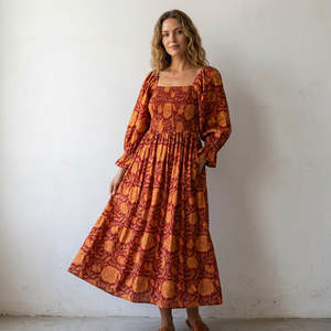 100% Cotton Square Collar Floral Hand Block Print A-Line Maxi <b>Dress</b> <b>Ruffle</b> Sleeves Boho Party Wear for Holiday Celebrations - Product Image 1