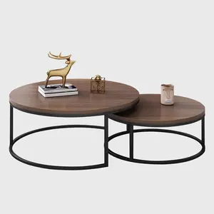단단한 나무 원형 커피 테이블 2 개 세트, 현대 작은 센터 소파 사이드 테이블 거실 용 티 엔드 테이블