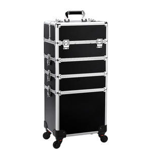Valise de maquillage professionnelle grande capacité, multi-niveaux, en métal, avec serrure et roulettes universelles, couleur unie - Product Image 4