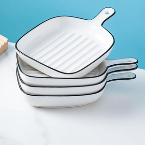 Plat de cuisson minimaliste en céramique <span class=keywords><strong>blanche</strong></span> avec poignée, plat à steak côtelé moderne, plat de cuisson carré pour la cuisine et la table à manger - Product Image 6