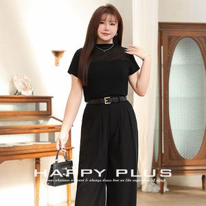 T-shirt en maille à empiècements pour femme Runqi, noir, manches courtes, grande taille, haut de ville, couleur unie, design à empiècements N9157 - Product Image 3