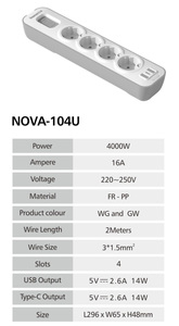 2026 New Arrival NOVA Series EU Plug 16A 4000W Power Strip Overload Switch <b>Surge</b> <b>Protector</b> Fireproof Shell for Home Office - Product Image 6