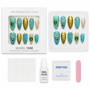 Faux ongles artisanaux en amande à presser, avec paillettes et strass, couvrance totale, réutilisables, avec colle pour nail art - Product Image 2