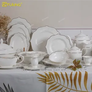 Service de table de luxe en céramique à bord doré pour mariage, vaisselle personnalisée en porcelaine osseuse, ensembles de vaisselle en porcelaine