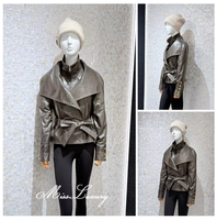 Veste en cuir véritable pour femme, boutons dorés, ceinture à nœud, courte, grise, style motard, streetwear