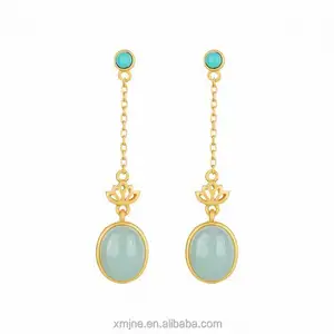 Certified Grade A Myanmar Jade Earrings S925 Sterling Silver Gold Plated Jewelry Emerald Oval Egg Flower Stud Earrings
