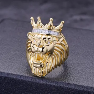 High Quality Mens 3D Effect Brass Cubic Zirconia Diamonds Moissanite VVS Animal Lion Head Rings With Crown