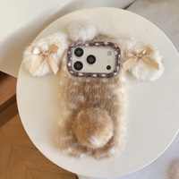 Coque de protection antichoc en PC pour iPhone 15 16 17 18 Pro Max 14 13, motif chiot couché à pois, en peluche aux tons chauds avec nœud papillon