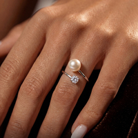 Joyería Más Vendida: Anillo Ajustable de Plata S925 con Perla de Agua Dulce Rosa y Circonita Cúbica