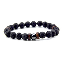 Bracelet élastique en perles de pierre volcanique de 8 mm avec intercalaires en bois, bracelet en pierre naturelle pour couple, vente en gros
