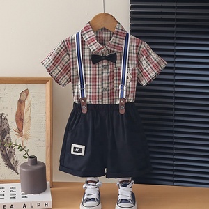 Conjunto de Dos Piezas para Niños, Camisa <span class=keywords><strong>a</strong></span> Cuadros de Manga Corta y Pantalones Cortos con Tirantes, Estilo Casual de Verano - Product Image 6
