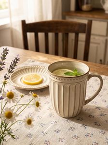 Tazza in Ceramica Rustica Bianca Lavata con Fondo Scanalato, Tazza da Caffè Retrò a Righe con Manico per Arredamento Casa e Cucina - Product Image 3
