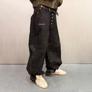 Jeans Personalizados de Cintura Alta, Estilo Baggy, con Borde Crudo, de Mezclilla Japonesa, Pantalones Oversize Vintage Negros, Jeans Resistentes para Hombre - Product Image 1