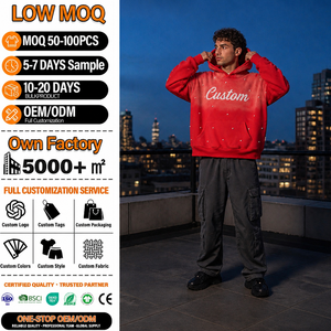 Sweat à capuche surdimensionné pour homme avec logo personnalisé, en coton rouge French Terry, style streetwear, orné de strass, avec poche avant, pour l'automne - Product Image 1