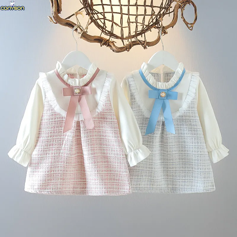 コニソン韓国ファッションデザイナーブティック幼児キッズ春カジュアルドレスプリンセスベビーガールロングセータードレス