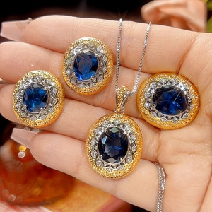 Vintage Eco-friendly Copper Blue Cubic Zirconia <b>Jewellery</b> Sets 10*12-8*10mm Royal Blue Zircon Necklace Earrings Matching Set <b>Tu</b> - Product Image 1