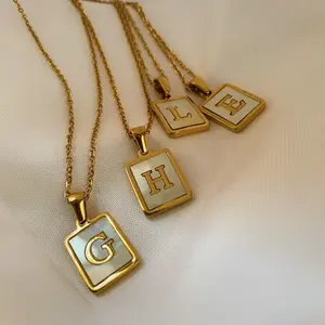 Vintage Stainless Steel A-Z Initial Letter Necklace Rectangle Natural Shell Initial Pendant Necklace