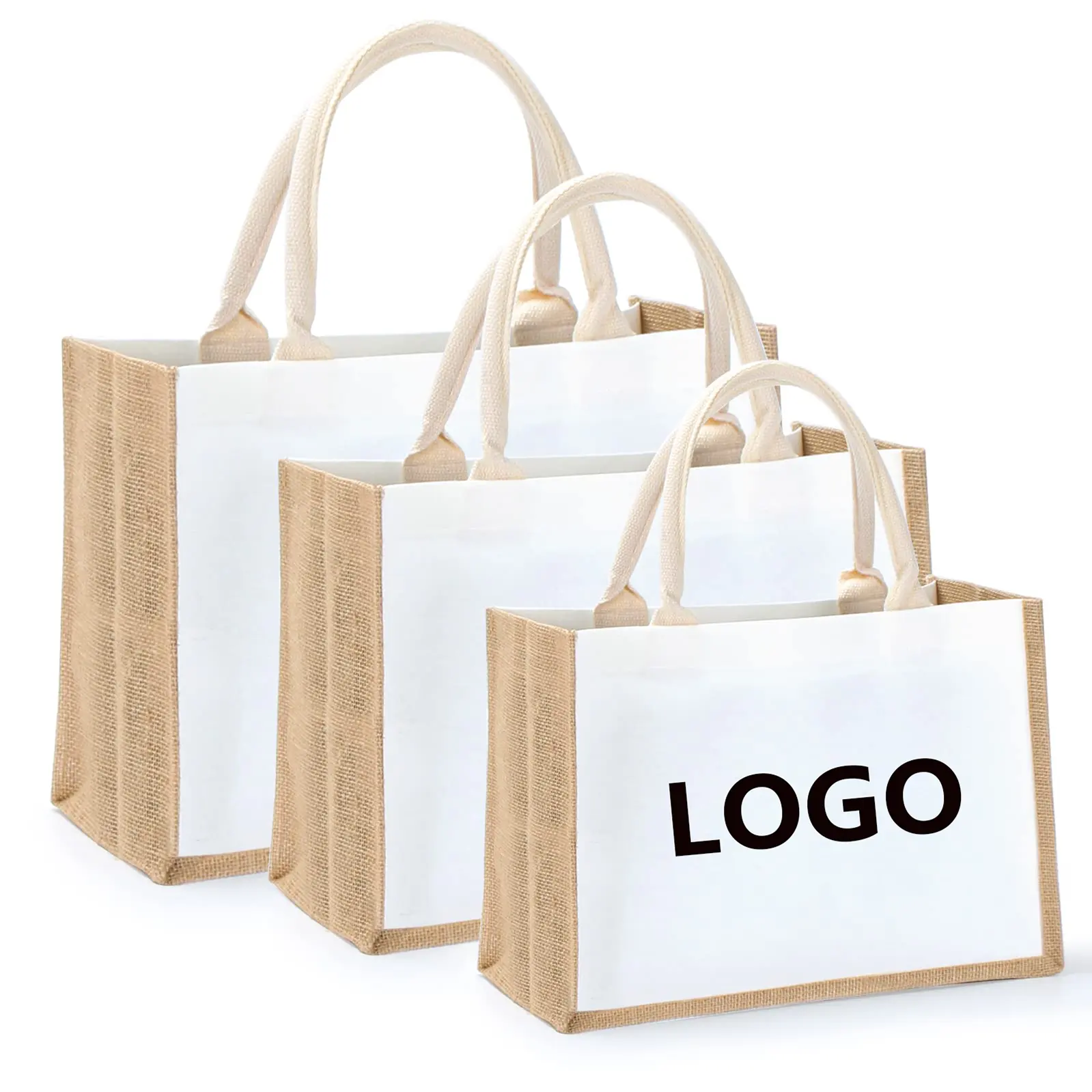 Großhandel günstige Jute-Tote-Tüte natürliche individuelle Logo-Spachtel-Linnen-Geschenktüte zur Werbung Hochzeit