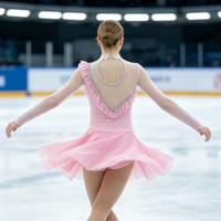 Robe de patinage rose à col montant, manches longues en maille à volants, dos découpé ovale avec strass, pour enfants et adultes, compétition et performance