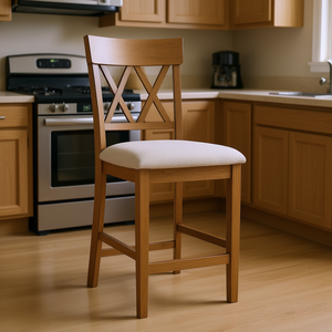 Chaise de salle à manger en chêne clair, hauteur comptoir, siège rembourré, dossier à double croisillon, mobilier de cuisine en bois - Product Image 2