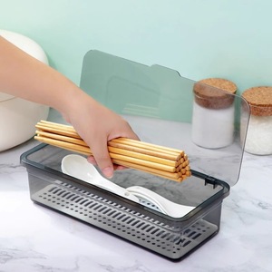 Rectangular Chopstick Holder With Flip Top Dustproof Transparent Drainer For Tableware Storage 27x12x7cm - Product Image 2