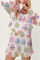 Oeuf de Pâques imprimé personnalisé vêtements de détente en satin à manches longues ensemble de pyjama d'été deux pièces de grande taille short et chemise en soie