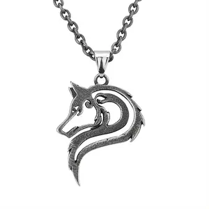 Punk Style Non Piercing Stainless Steel Viking Collar Metal Wolf Head Pendant For Men Charm Necklace