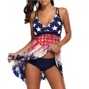 Logo personalizzato 2023 produttore donna Plus Size Tankini costume da bagno US Flag Print costume da bagno Tankini costumi da bagno