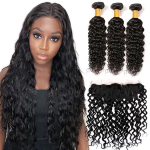 Wholesale 12A water wave bundles with new design hd lace silk closure, Raw indian hair bundles from india vendor for black women