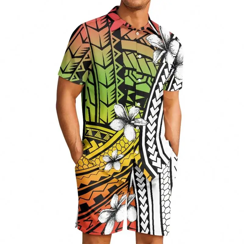 2024 camisas y pantalones cortos hawaianos de manga corta de poliéster personalizados de alta calidad Aloha Polynesian Casual