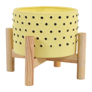 Maceta de cerámica sobre soporte de madera, amarilla con puntos negros, para orquídeas y plantas de interior y exterior. - Product Image 1