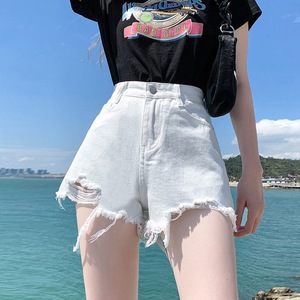 Shorts de mezclilla blancos rasgados de cintura alta con dobladillo deshilachado, corte en A, pierna ancha, asimétricos, estilo Ins, de moda para mujer, para verano - Product Image 2