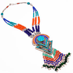 สร้อยคอจี้ประดับด้วยพลอยสีเงิน คอรัล เทอร์ควอยซ์ และลาพิส ลาซูลี เหมาะสำหรับงานหมั้น งานแต่งงาน วันครบรอบ และงานปาร์ตี้ - Product Image 3