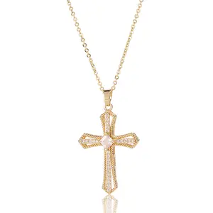 LC202401113 wholesale fashion unique luxury copper zircon cheap cross necklace jewelry for men women
