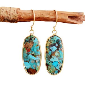 Pendientes de Piedra Natural con Incrustaciones de Turquesa en Bisel Plateado, Joyería de Moda - Product Image 5