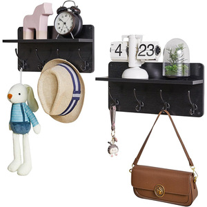 This wall-mounted wooden and iron combination storage rack with <b>hooks</b> is suitable for home use, kitchen tableware organizers, - Product Image 1