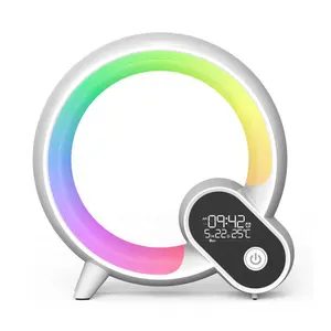 Lonvel jam meja Digital 5 dalam 1G, pengisi daya nirkabel isi ulang USB bentuk, jam meja pintar dengan Speaker lampu LED RGB layar besar