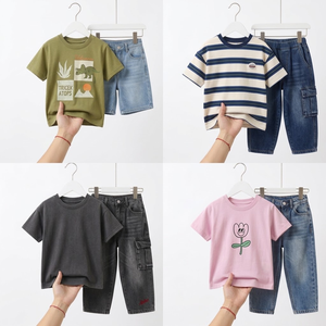 Ensemble deux pièces en jean pour garçons et filles, haut uni et jean, tailles et styles variés, vêtements en gros - Product Image 1