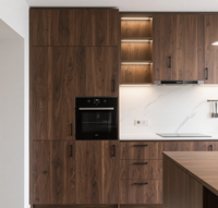 Ensemble de cuisine modulaire en bois brun foncé avec four intégré et éclairage sous l'armoire SANTOPOVA