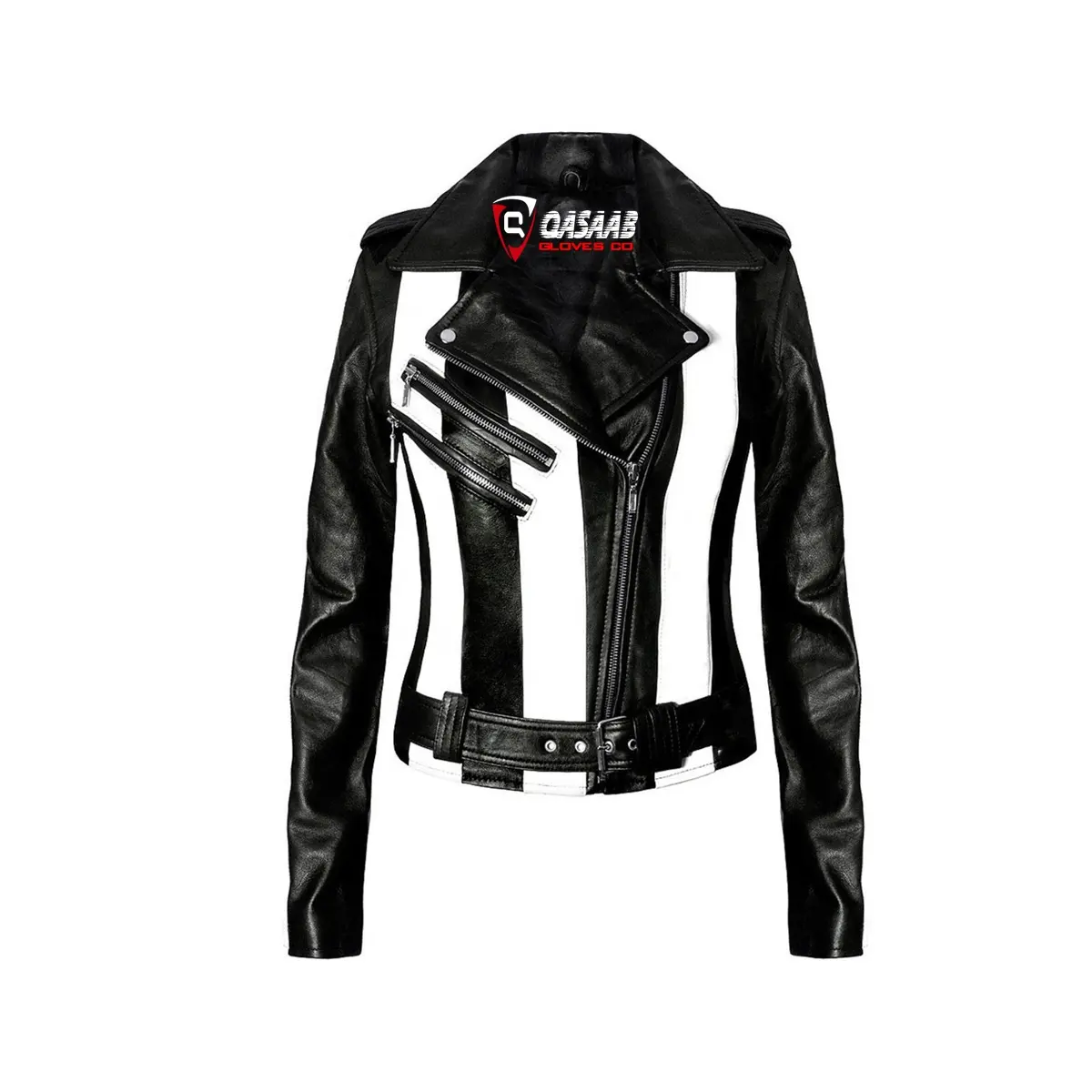 Ladies Motorcycle Breathable Black-Zippers Striped-Black Leather Outer-Shell Coats Jackets & Waistcoats