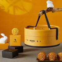 Coffret Cadeau Luxe de Gâteaux de Lune pour le Festival de la Mi-Automne, Personnalisé, Cylindrique Rond, avec Sangle et Boucle Dorée, Motif Lapin, 6 Compartiments, en Papier, Vente en Gros, OEM